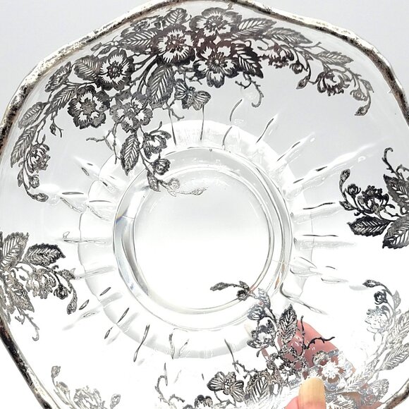 Vintage Silver Overlay Clear Glass Candy Dish Bowl Flowers Bowl Scalloped Edge - Picture 9 of 9